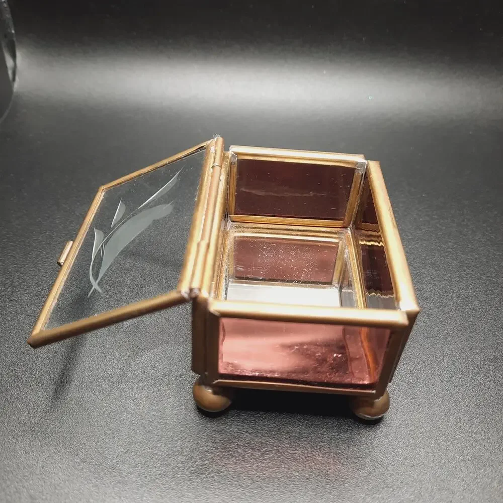 VTG Brass Glass Bird Trinket Box Pink Amethyst Slag Footed Hecho En Mexico